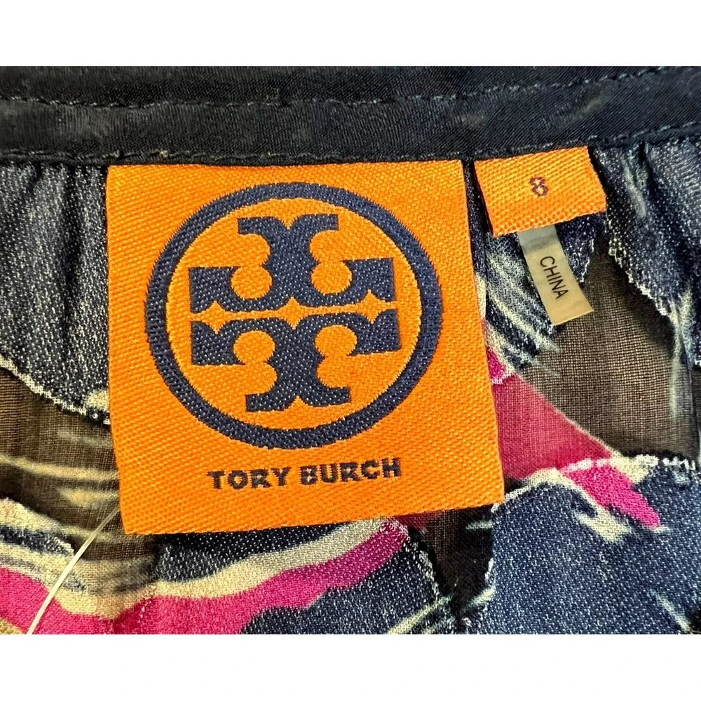 Tory Burch‎ Silk Blend Tunic Top Navy + Orchid Circle Print Keyhole Neck SZ S